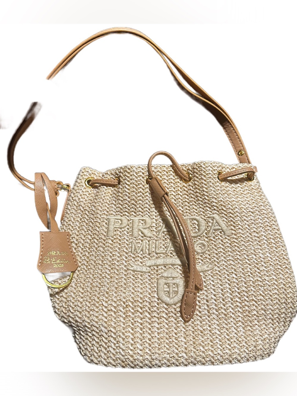 Prada Natural Beige Straw Drawstring Shoulder Bag with Tan Trim